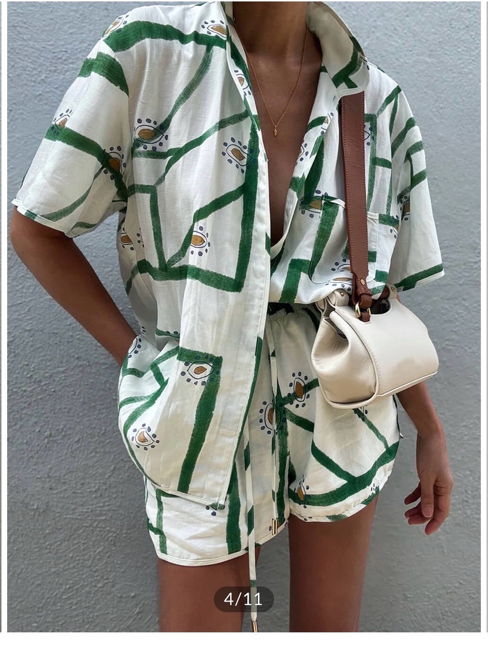 Commense White and Green Printed Two-Piece Relaxed Shirt + Shorts Set XS